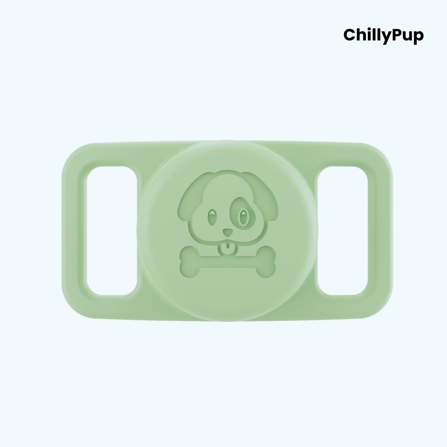 Green airtag holder for collar with 'ChillyPup' branding on a light purple background