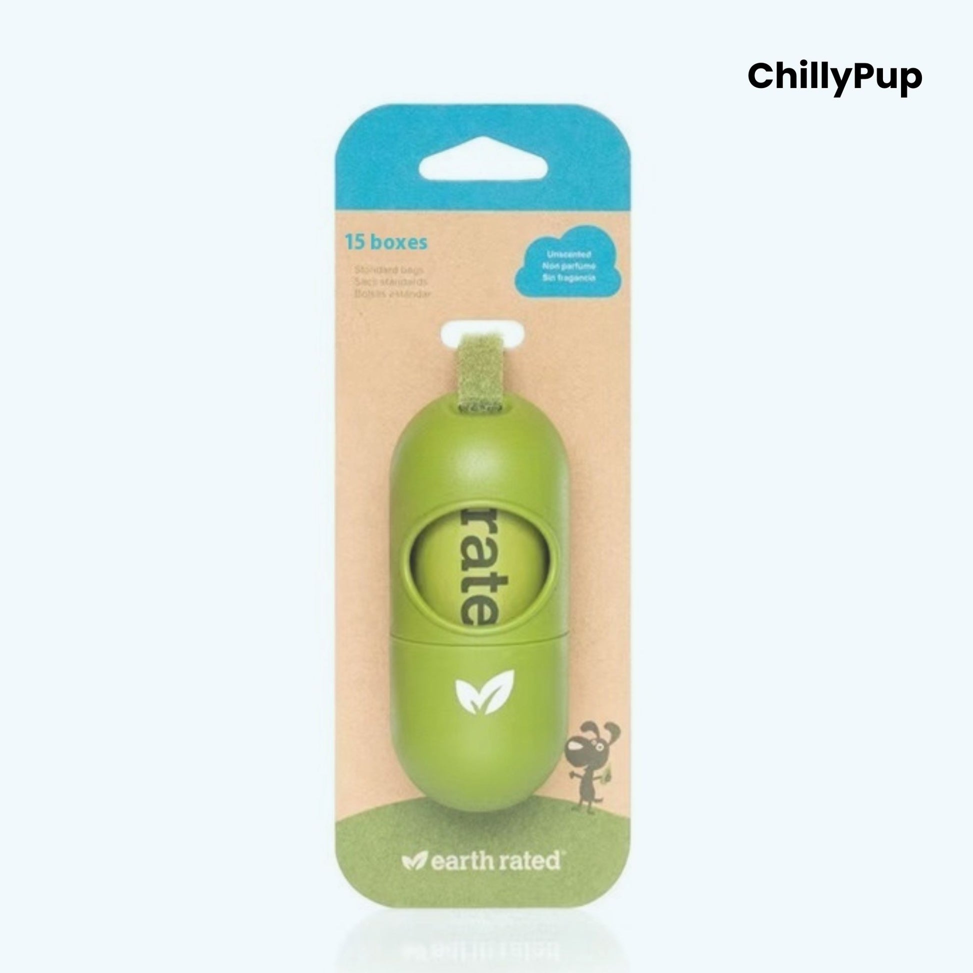 Green pet product in packaging with 'ChillyPup' branding on a white background