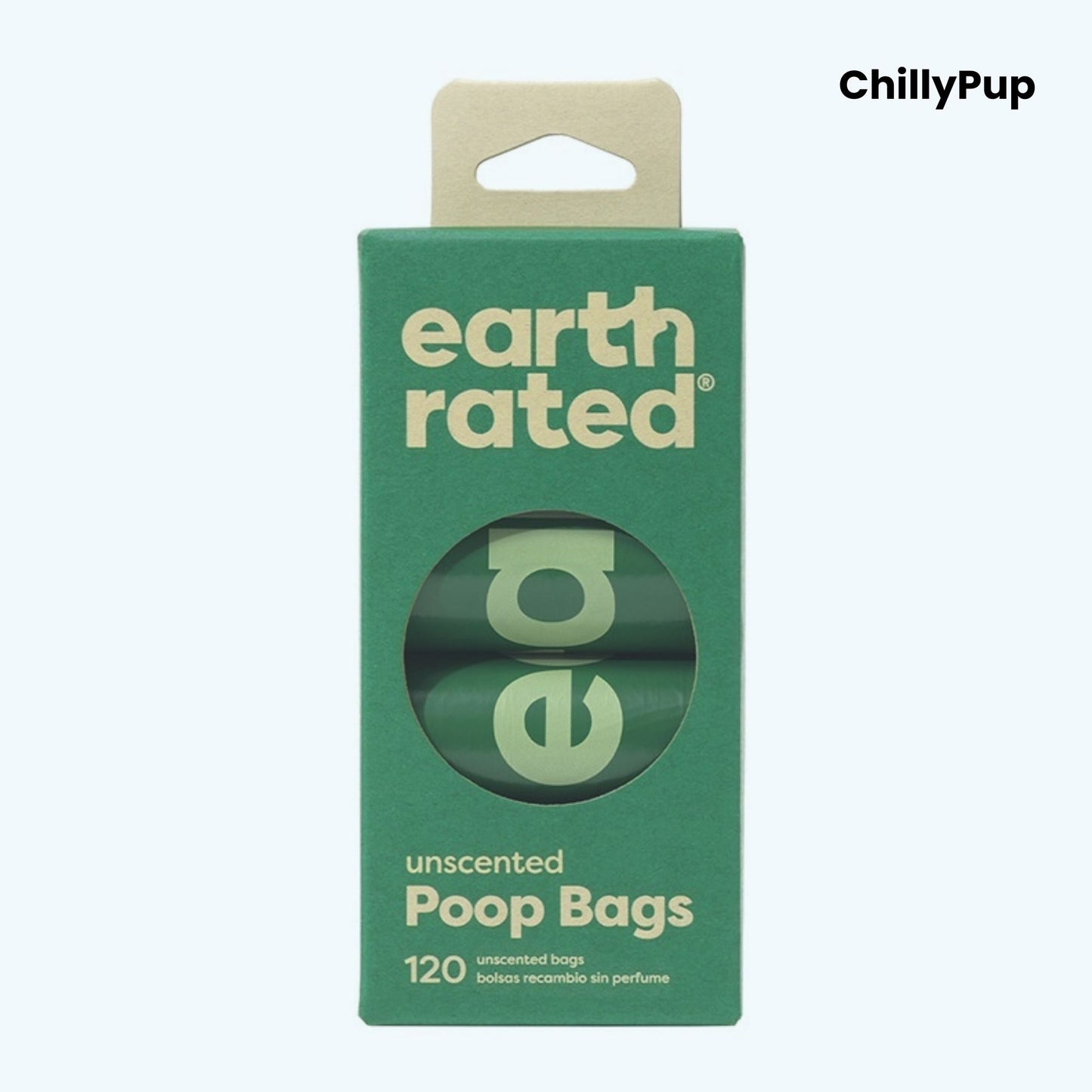 Green package of earth rated poop bags with a visible brand logo on a white background