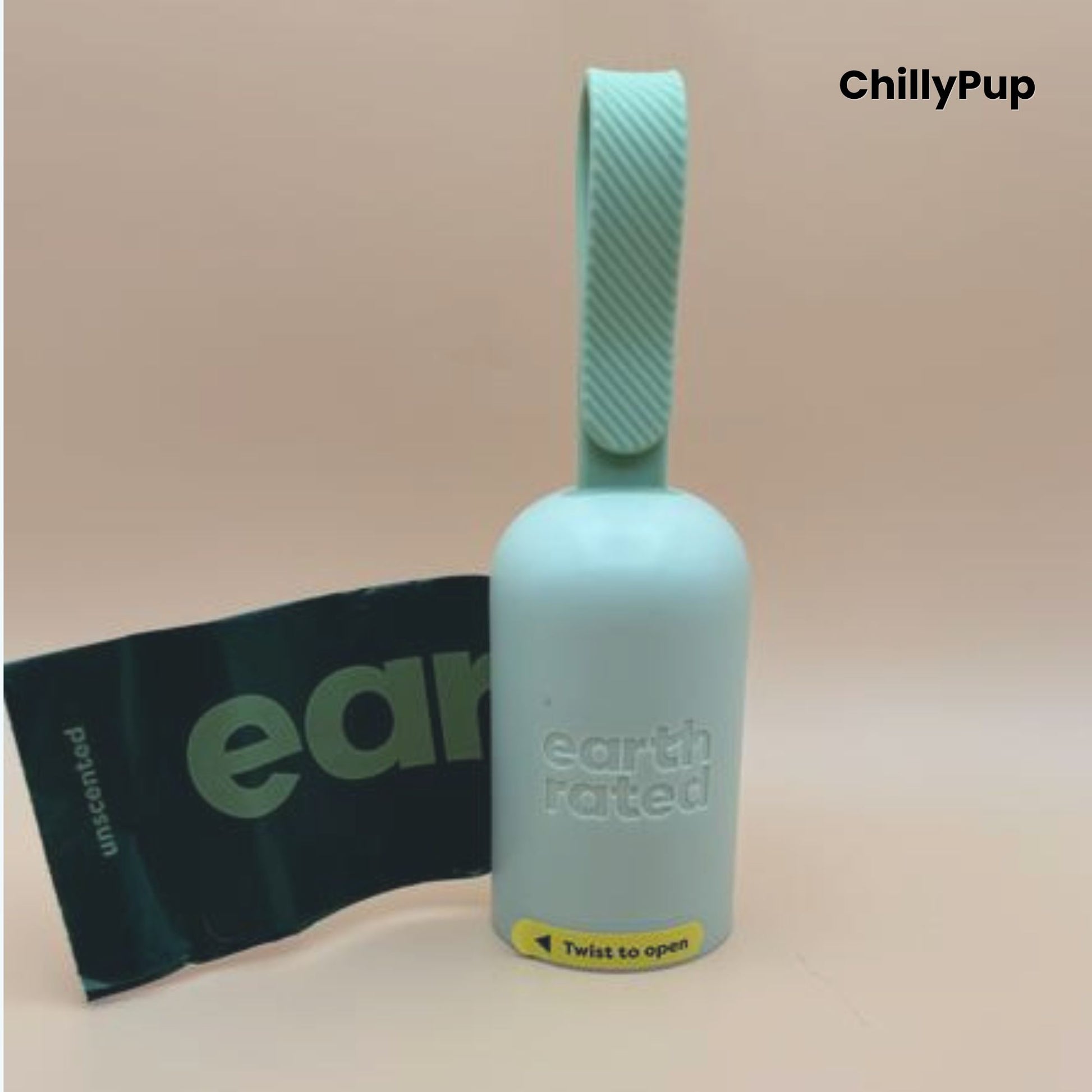 Light blue poo bag dispenser with 'earth rated' 