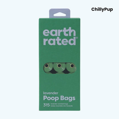Green package of earth rated lavender poop bags with a purple handle on a white background.