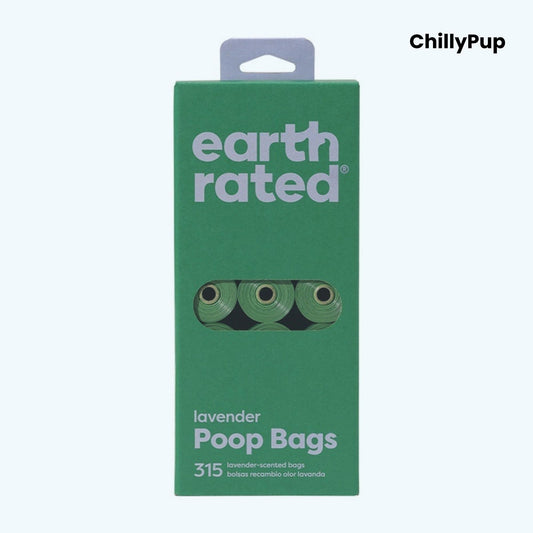 Green package of earth rated lavender poop bags with a purple handle on a white background.