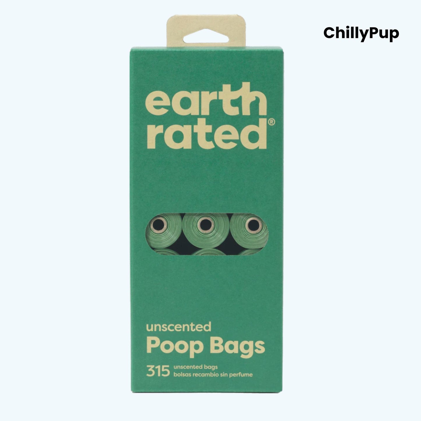 Green package of earth rated unscented poop bags with 'ChillyPup' branding.