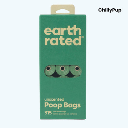 Green package of earth rated unscented poop bags with 'ChillyPup' branding.