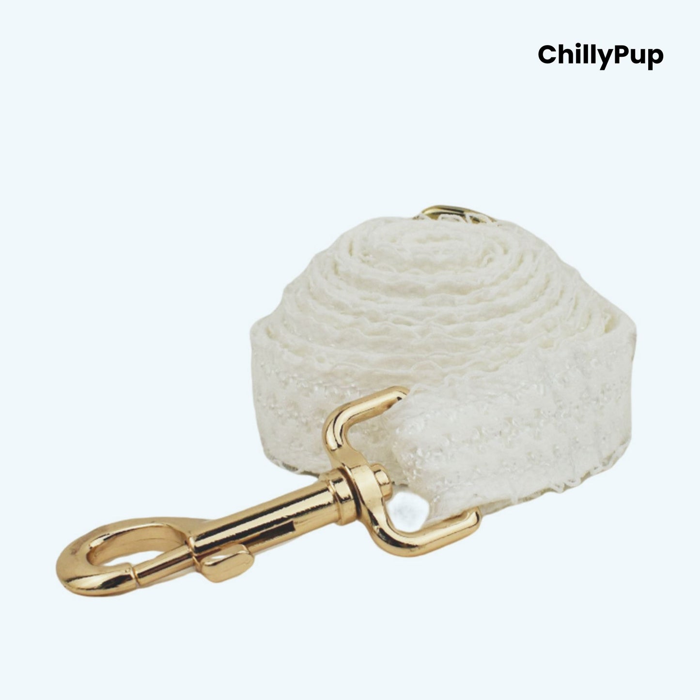 Elegant Wedding Dog Collar, Harness & Lead Set on a white background with Chillypup branding