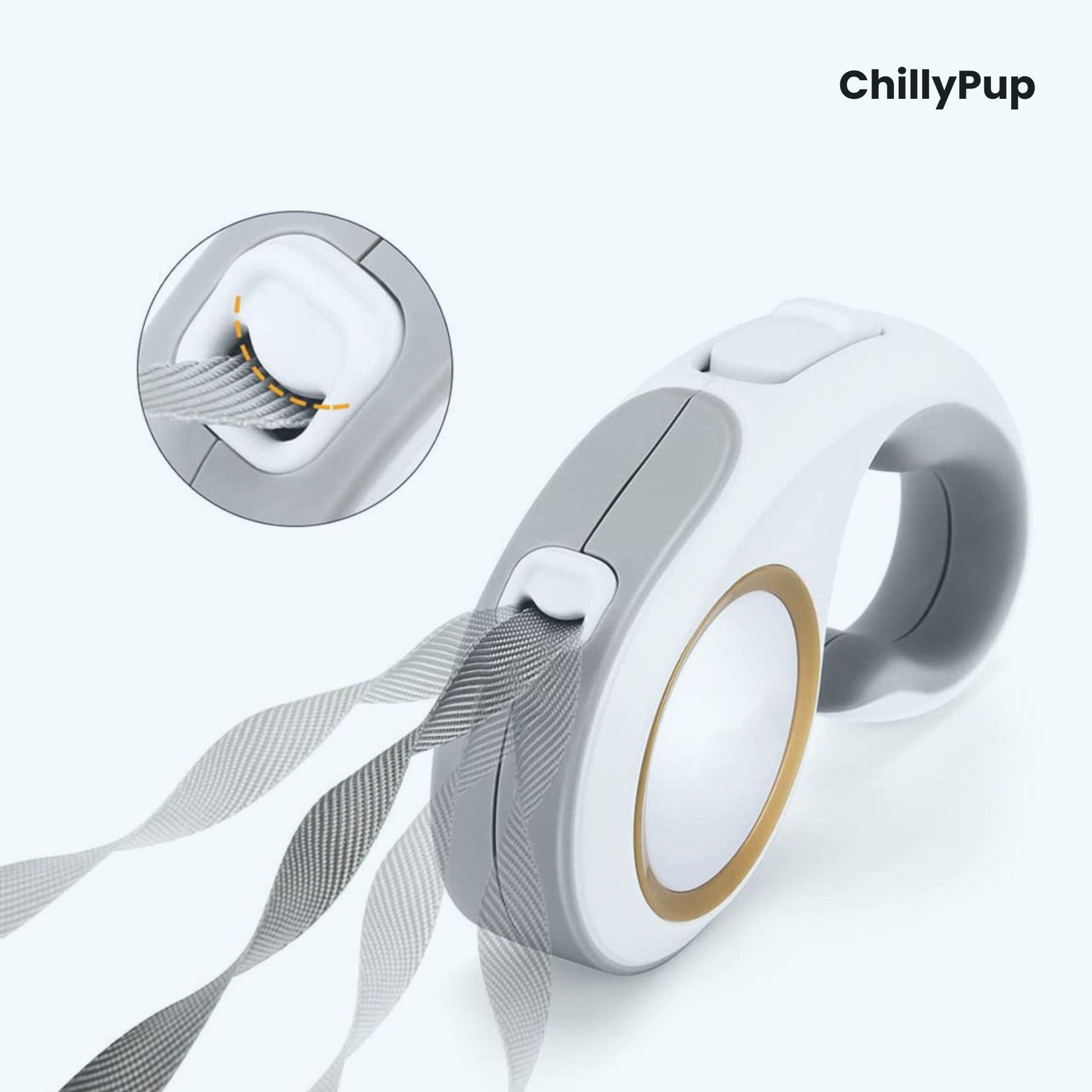 Retractable dog lead with 'ChillyPup' branding on a white background