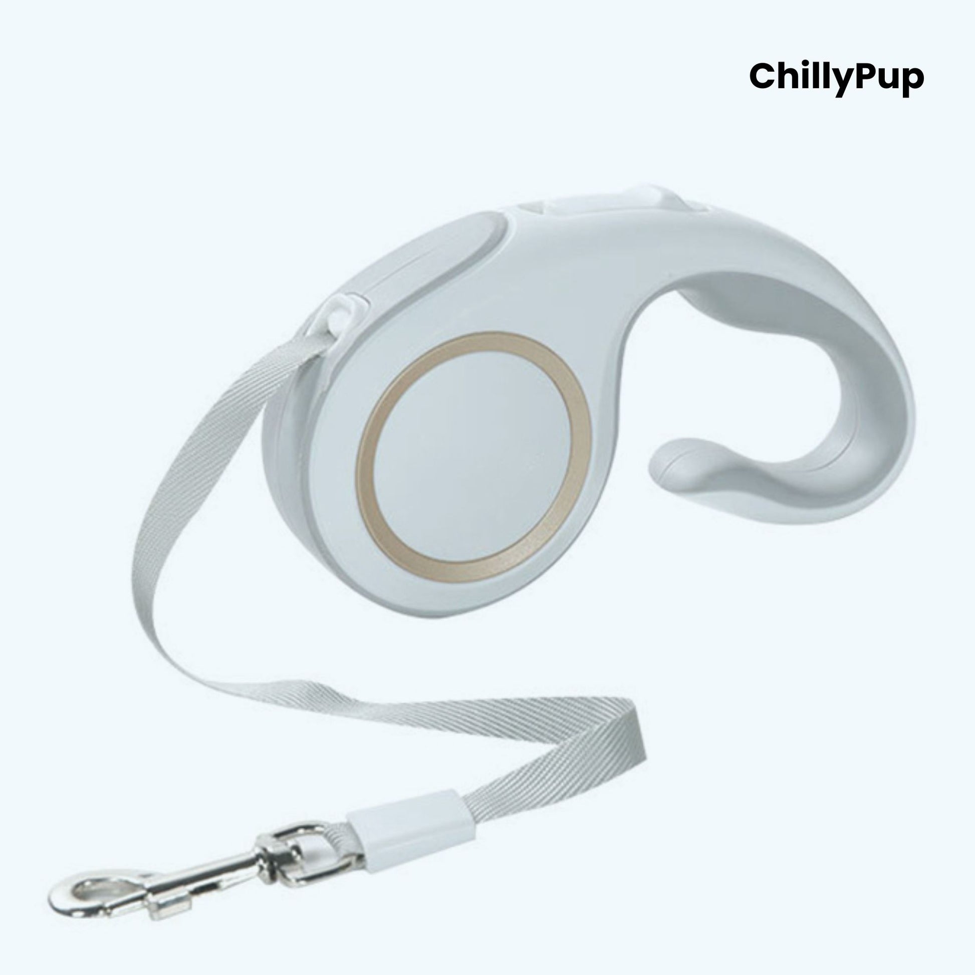 Retractable dog lead with 'ChillyPup' branding on a white background