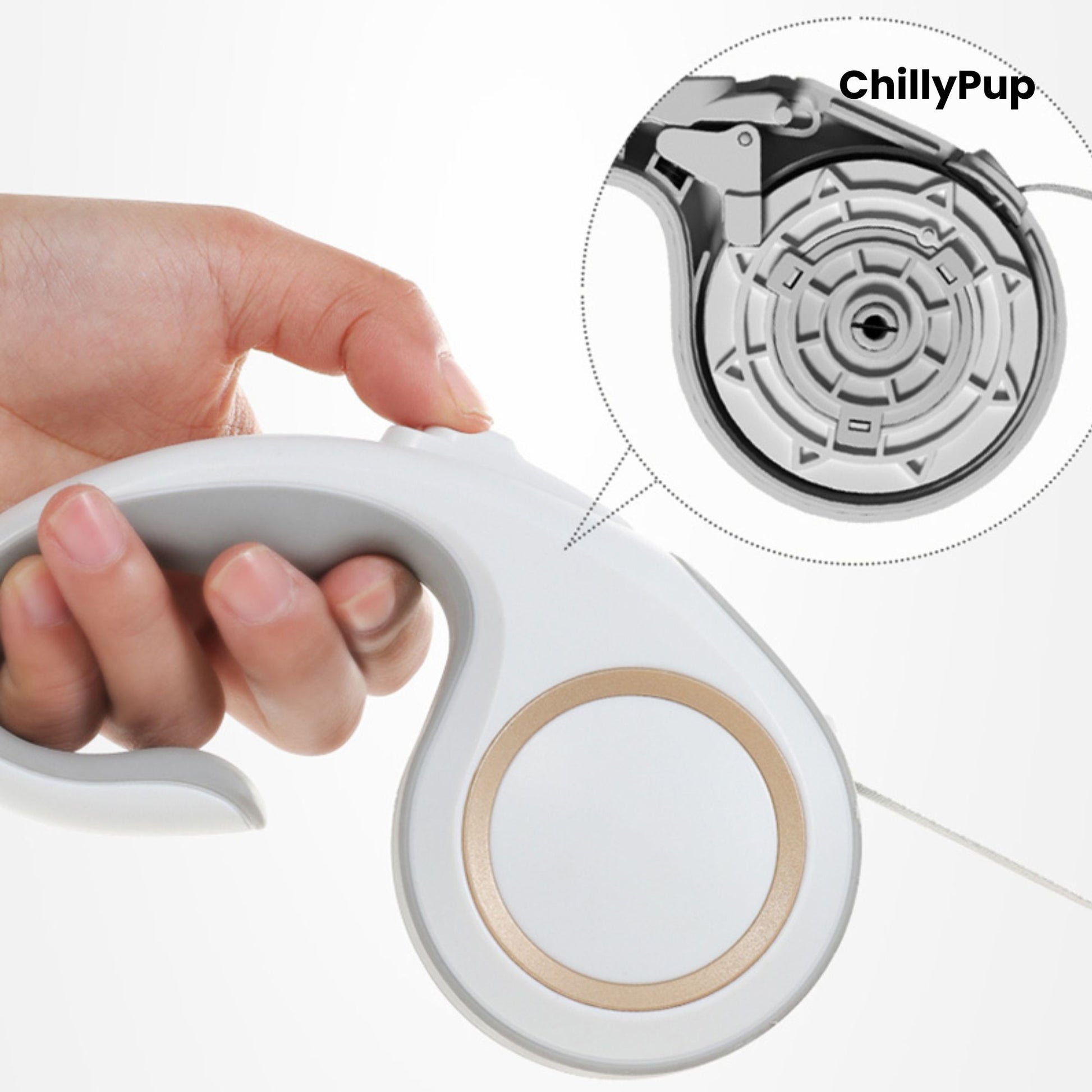 Retractable dog lead with 'ChillyPup' branding on a white background