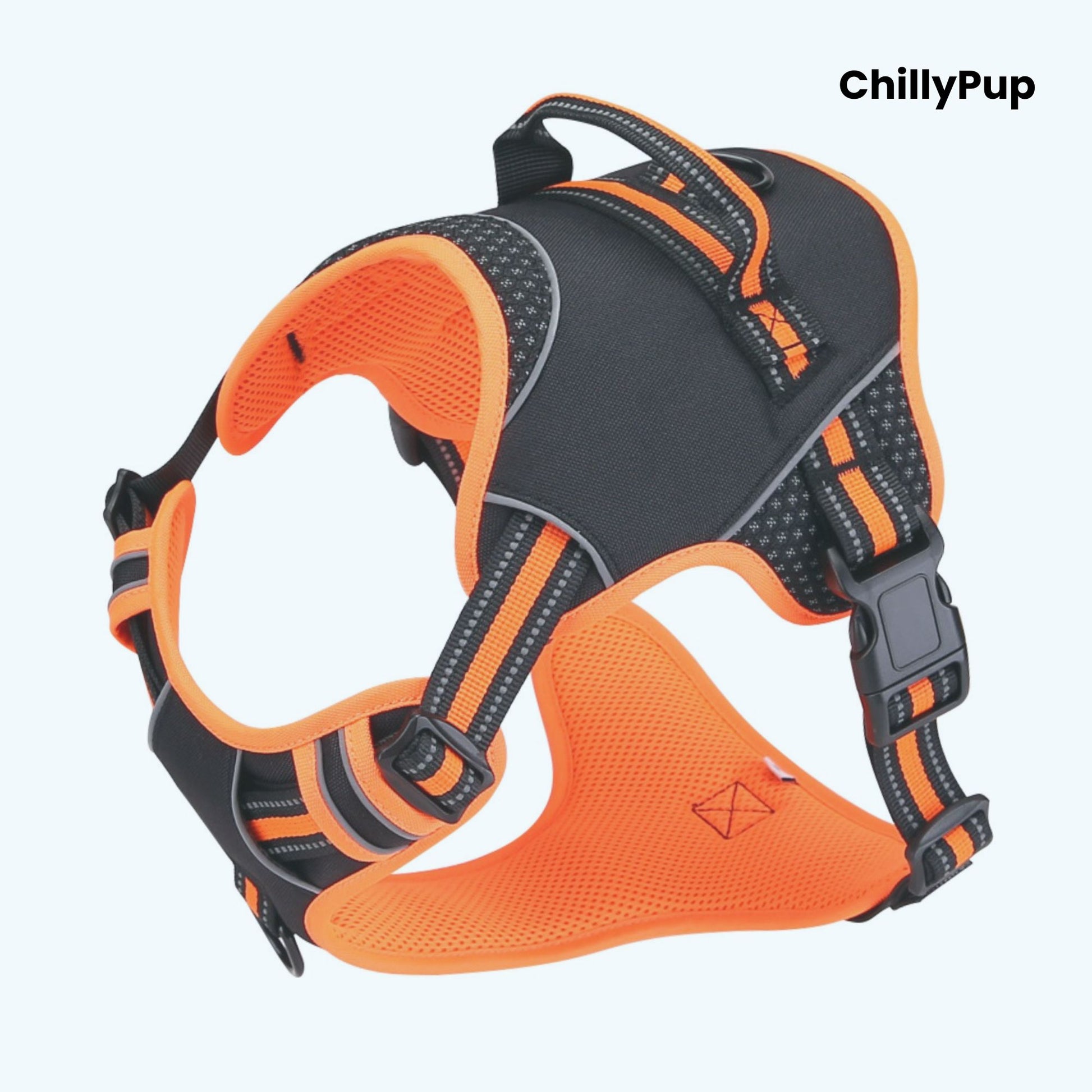 Orange and black dog harness with 'ChillyPup' branding on a white background