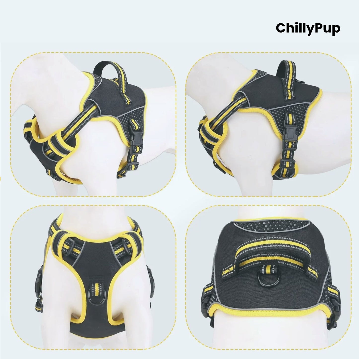 Black and yellow dog harness shown from multiple angles on a white background with 'ChillyPup' branding.