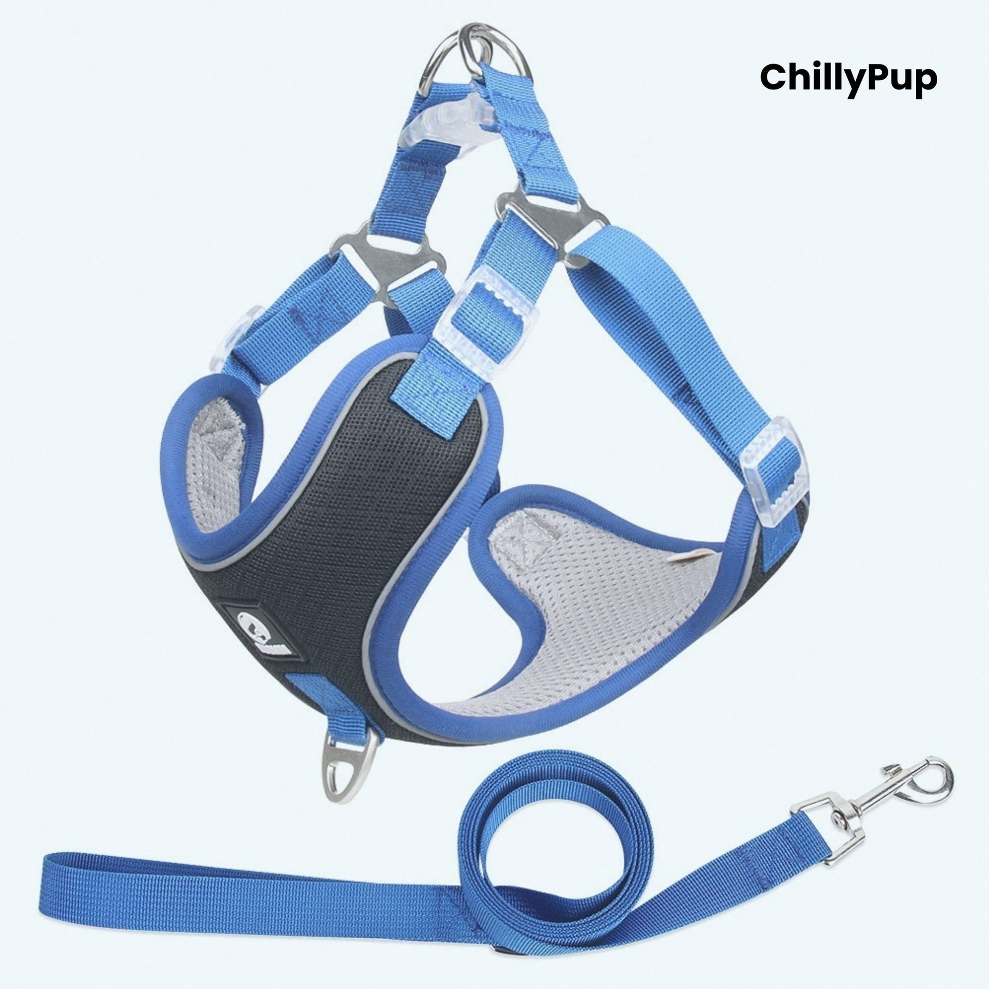 Dog harness and lead set with 'ChillyPup' branding on a white background