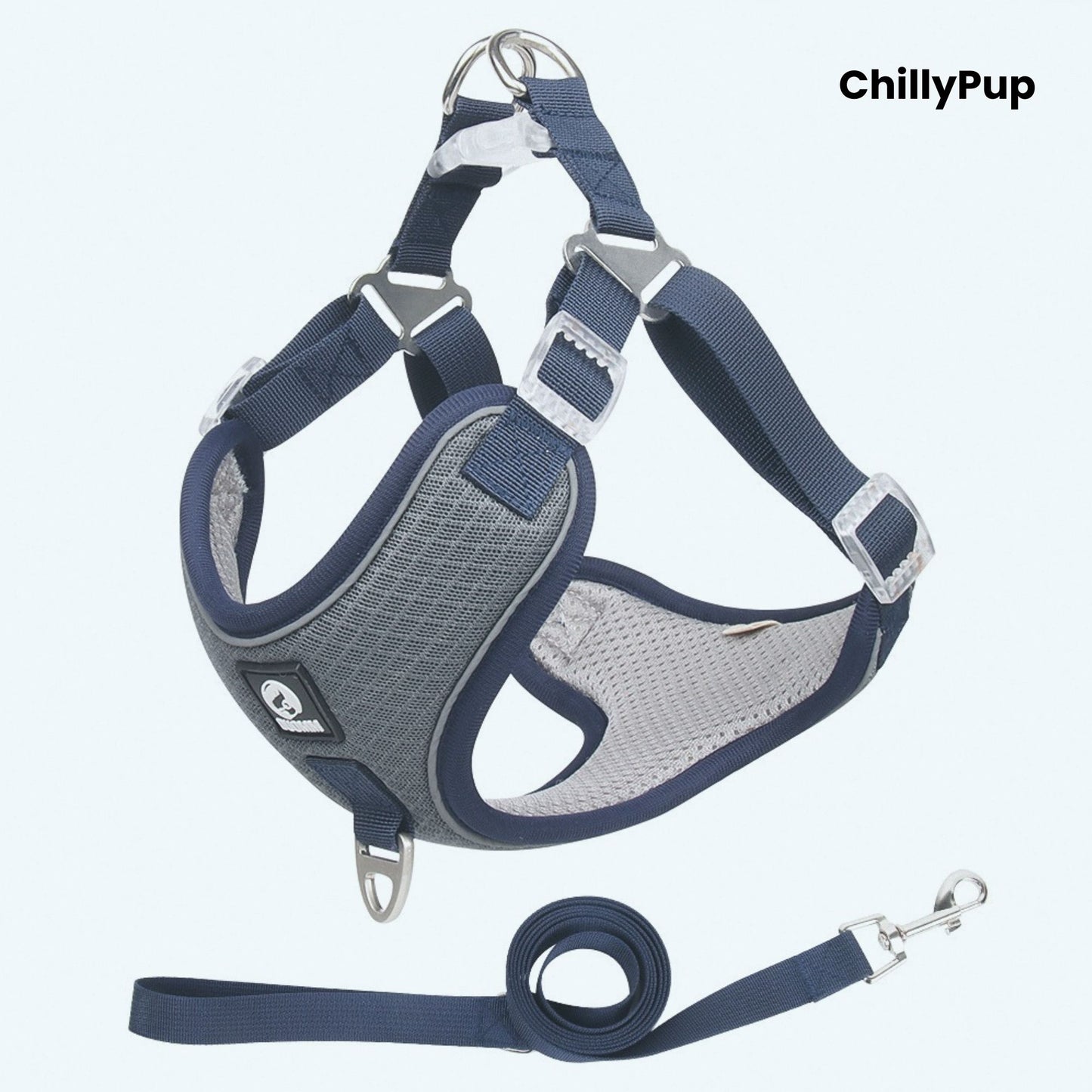 Dog harness and lead set with 'ChillyPup' branding on a white background