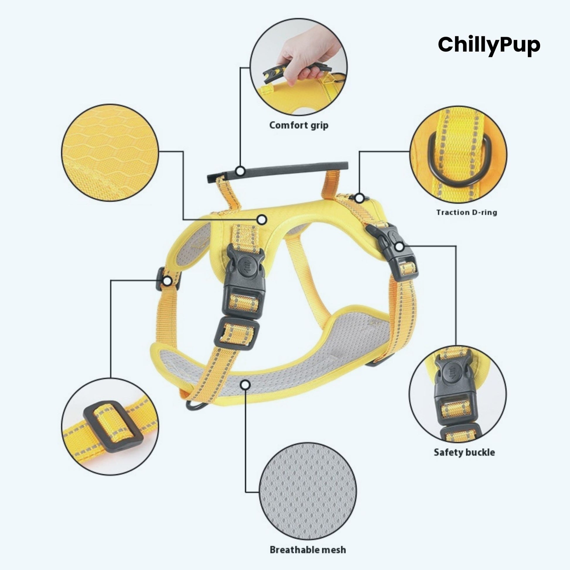 Yellow dog harness with grey padding on a white background, branded 'ChillyPup'.