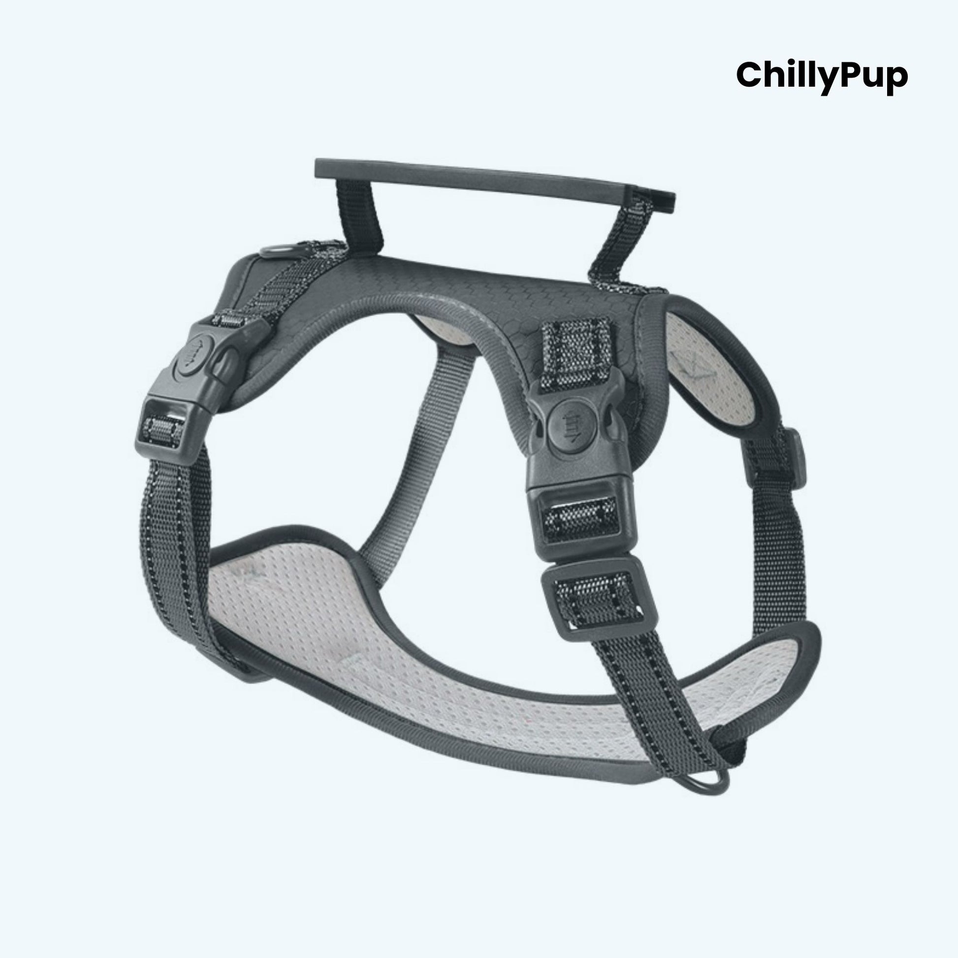Black dog harness with grey padding on a white background, branded 'ChillyPup'.