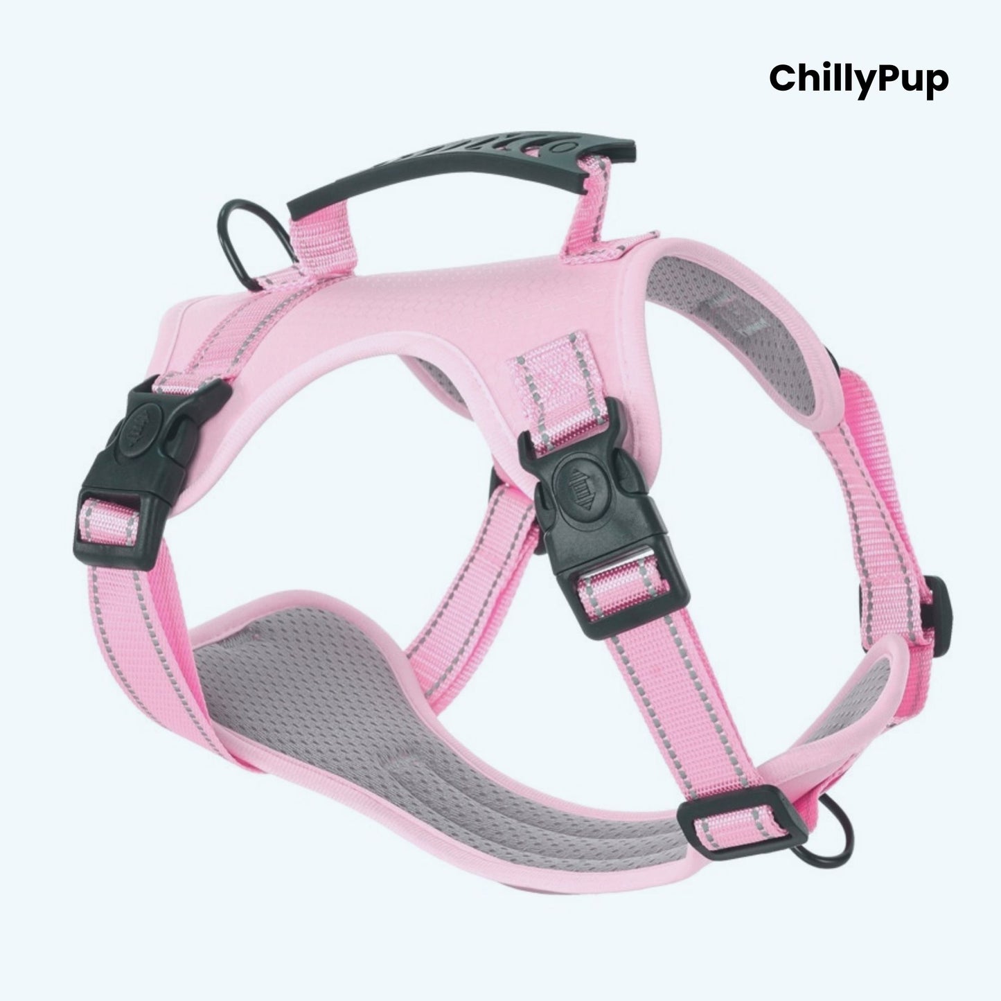 Pink dog harness with grey padding on a white background, branded 'ChillyPup'.
