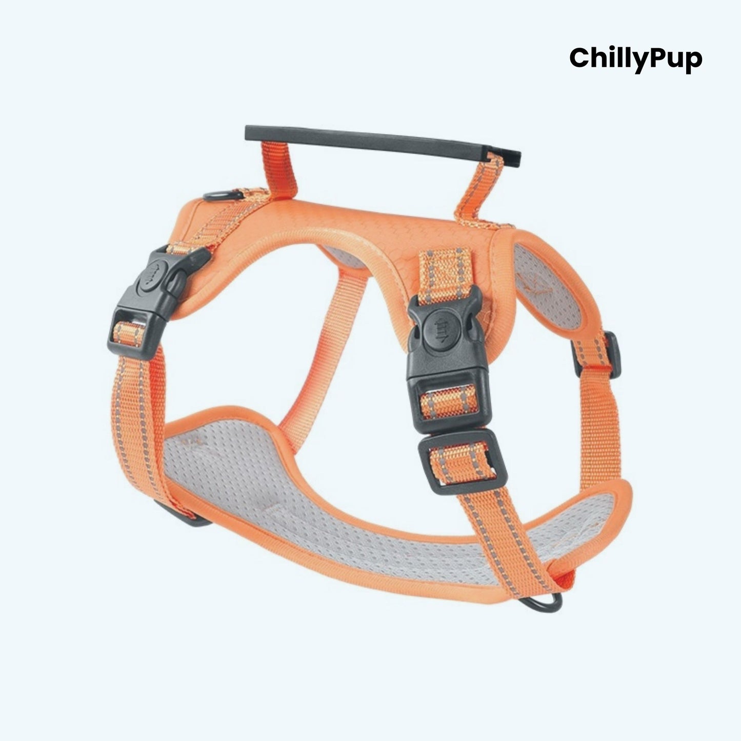 Orange dog harness with grey padding on a white background, branded 'ChillyPup'.