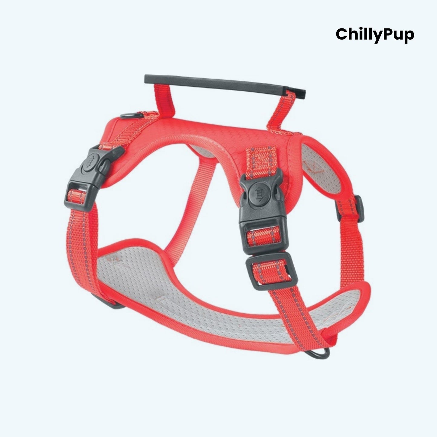 Red dog harness with grey padding on a white background, branded 'ChillyPup'.
