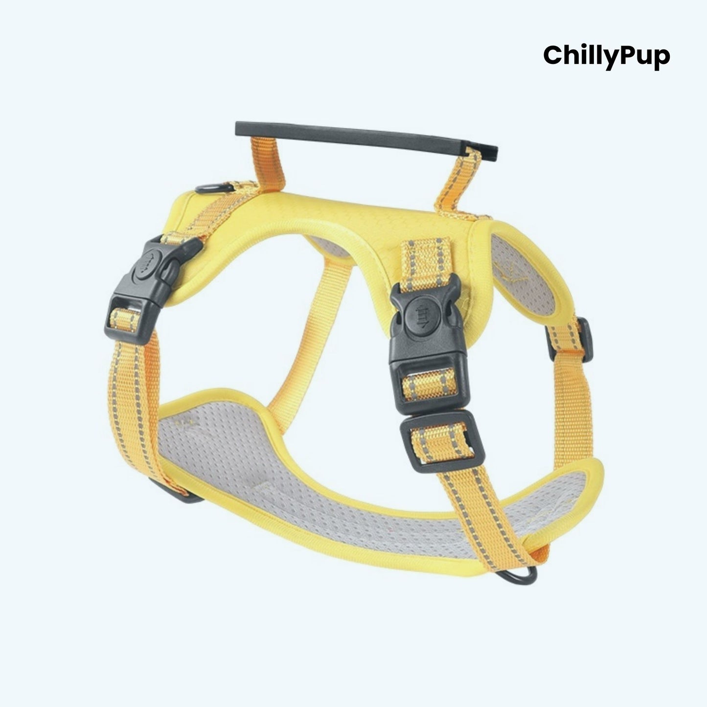 Yellow dog harness with grey padding on a white background, branded 'ChillyPup'.