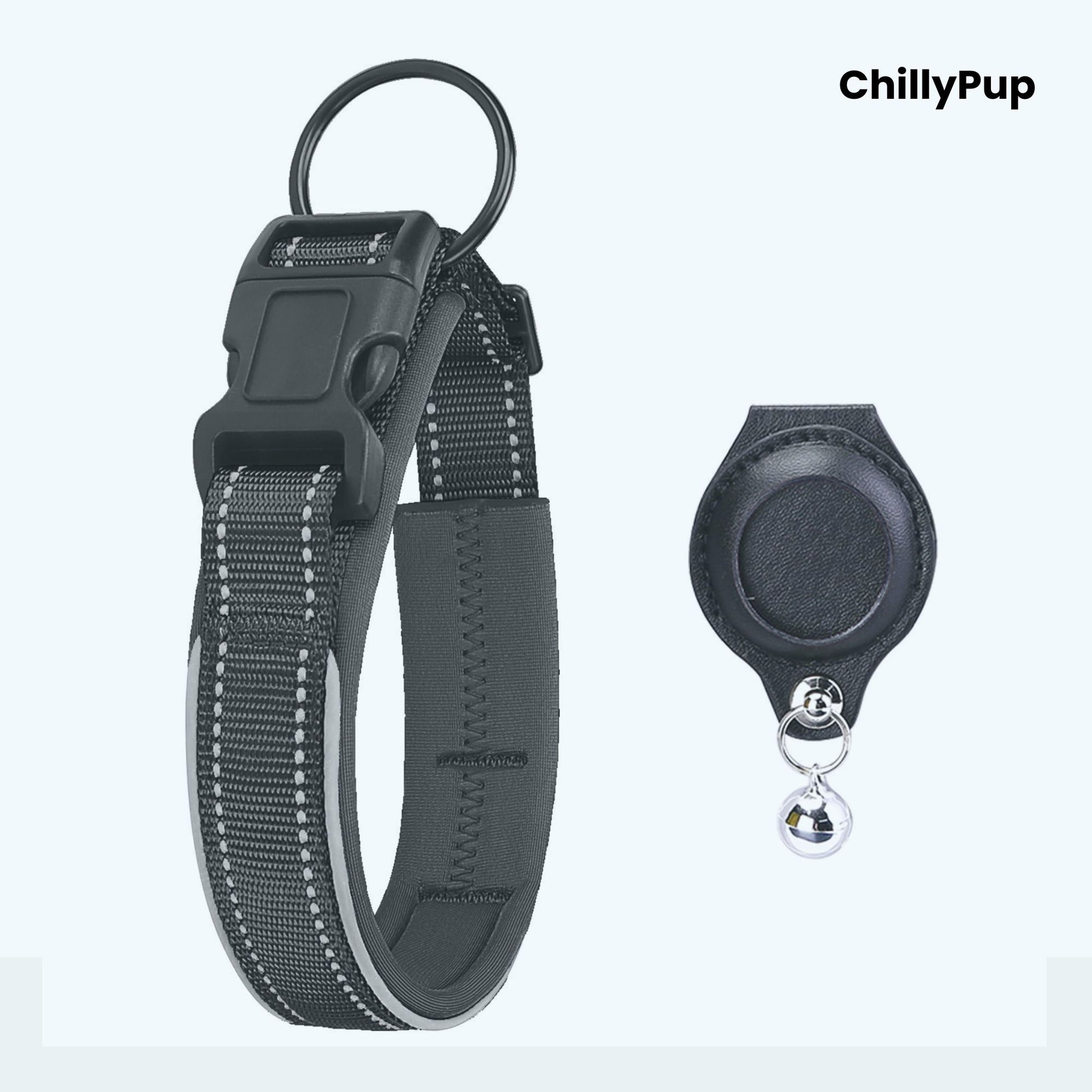 Black dog collar with reflective on a white background, branded 'ChillyPup'.