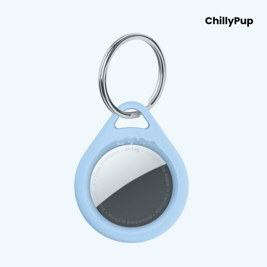 Airtag case with a key ring on a white background, branded 'ChillyPup'.