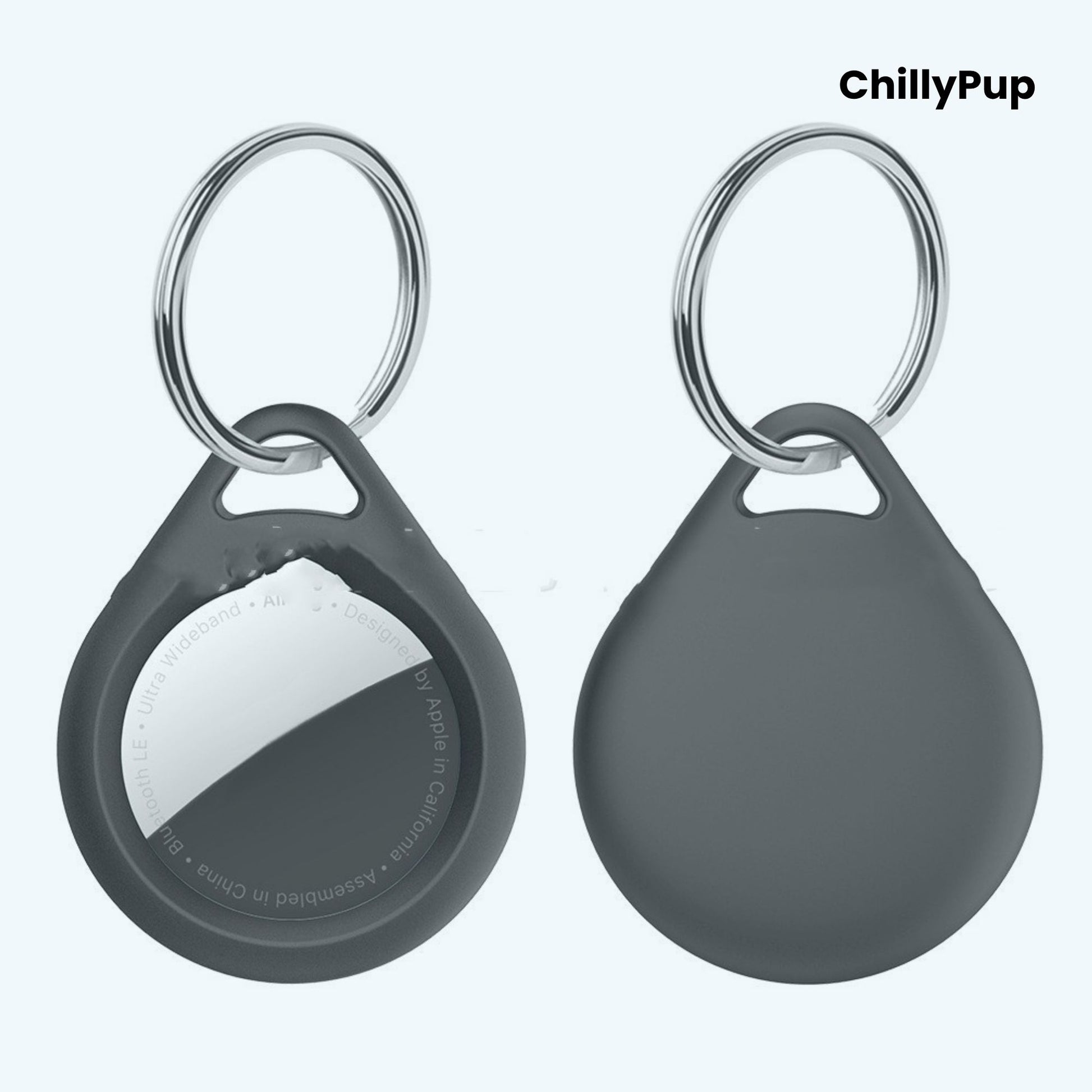Airtag case with a key ring on a white background, branded 'ChillyPup'.