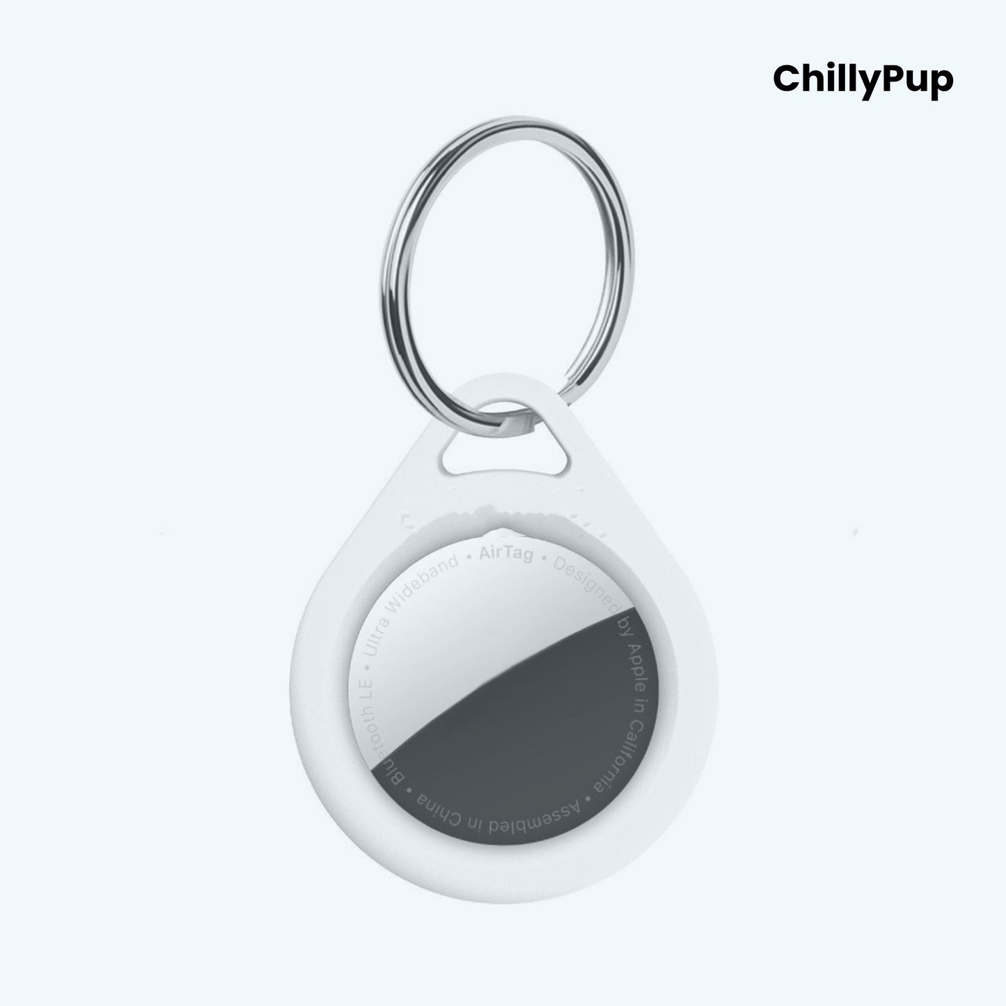 Airtag case with a key ring on a white background, branded 'ChillyPup'.