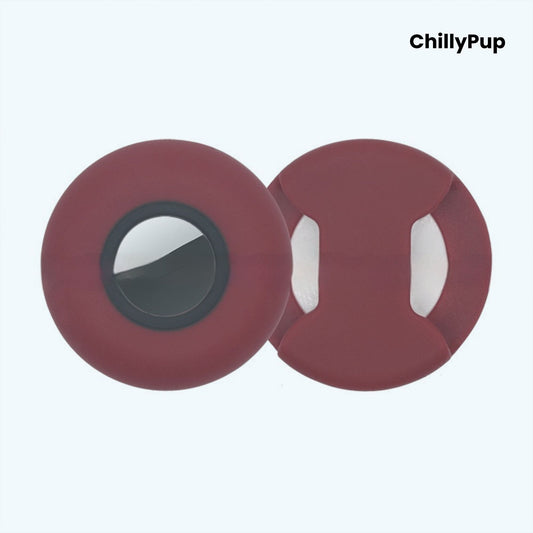 Silicone apple airtag dog collar holder on a white background with ChillyPup branding.