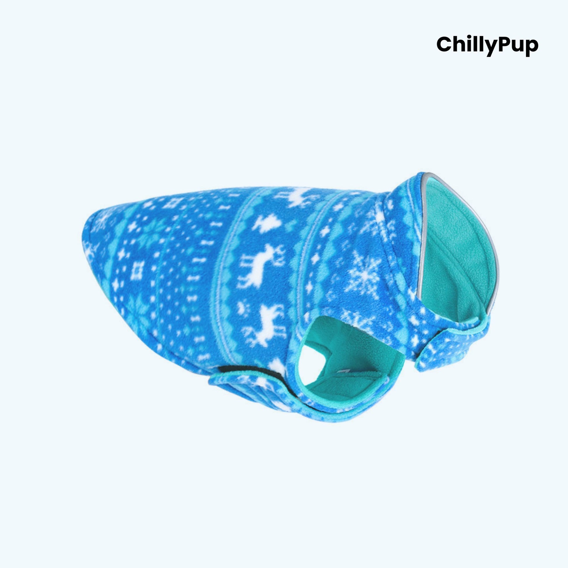 Blue Festive Christmas Fleece Dog Coat with Velcro Fastening on a white background with Chillypup branding