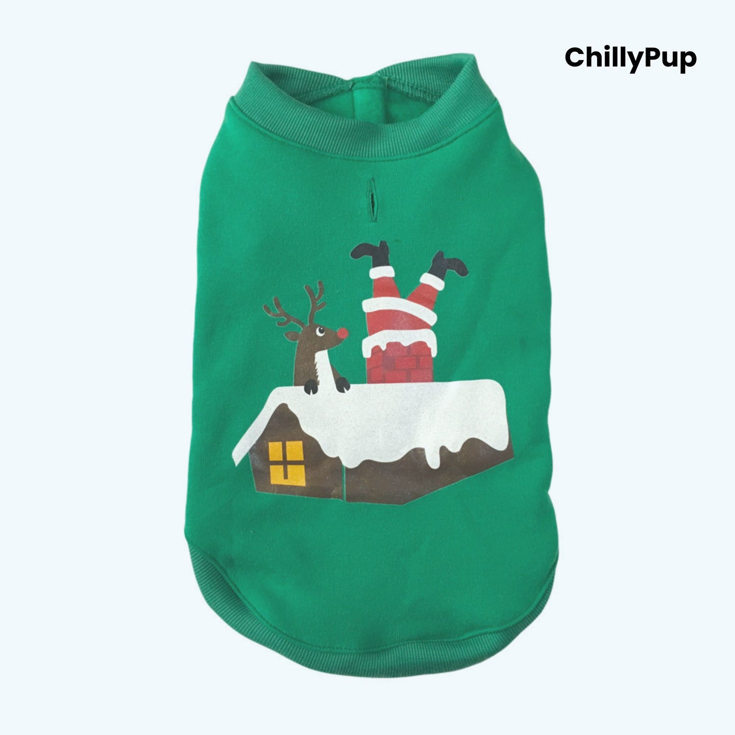 Green dog hoodie with Christmas design on a white background, branded 'ChillyPup'.