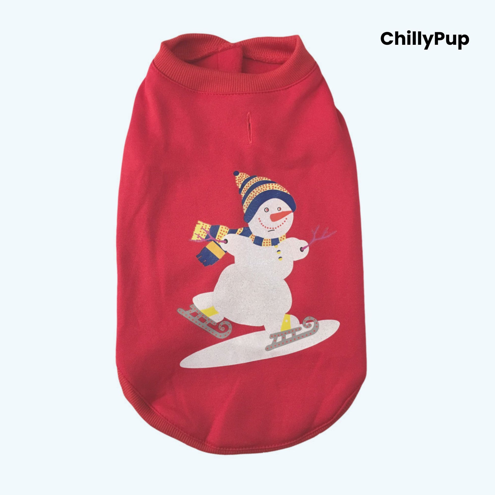 Red dog sweater with a snowman design on a white background, branded 'ChillyPup'.