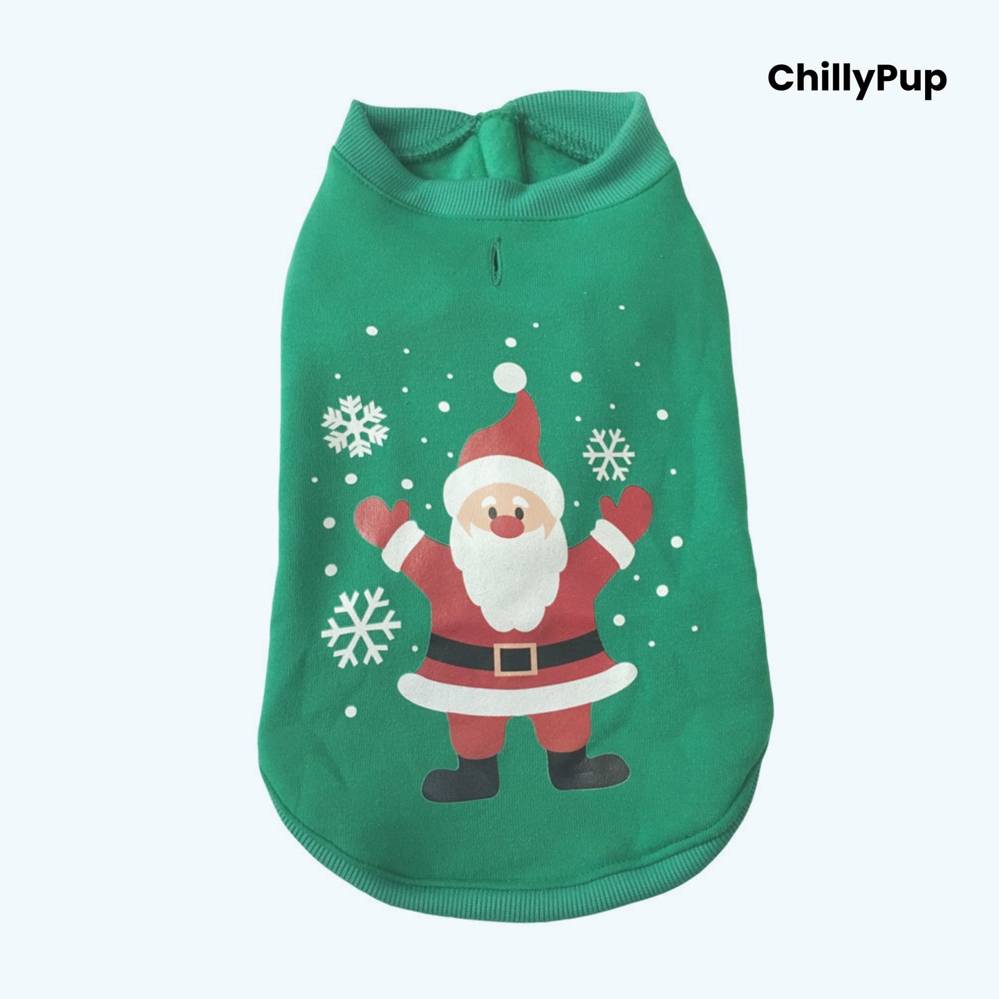 Green dog sweater with Santa Claus design on a white background, branded 'ChillyPup'.