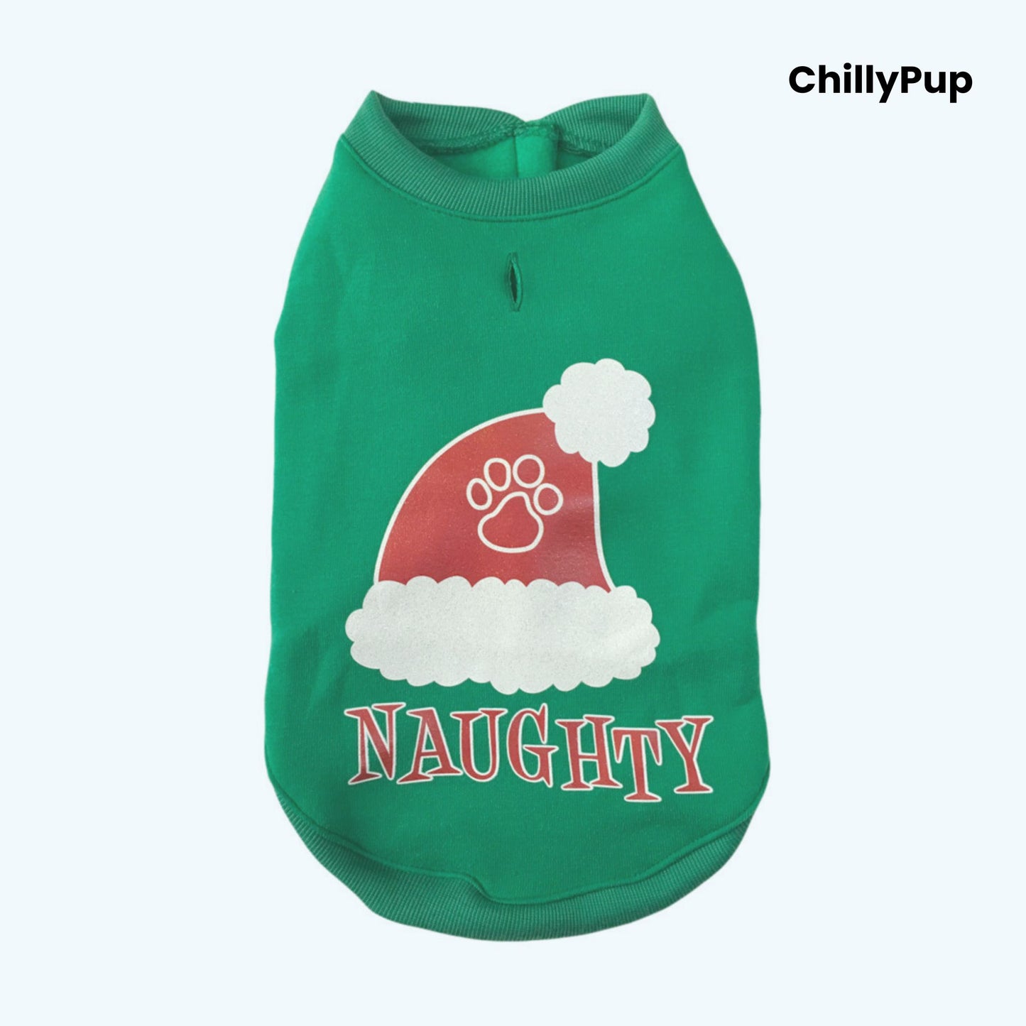 Green dog sweater with a red Santa hat and 'NAUGHTY' text on a white background, branded 'ChillyPup'.