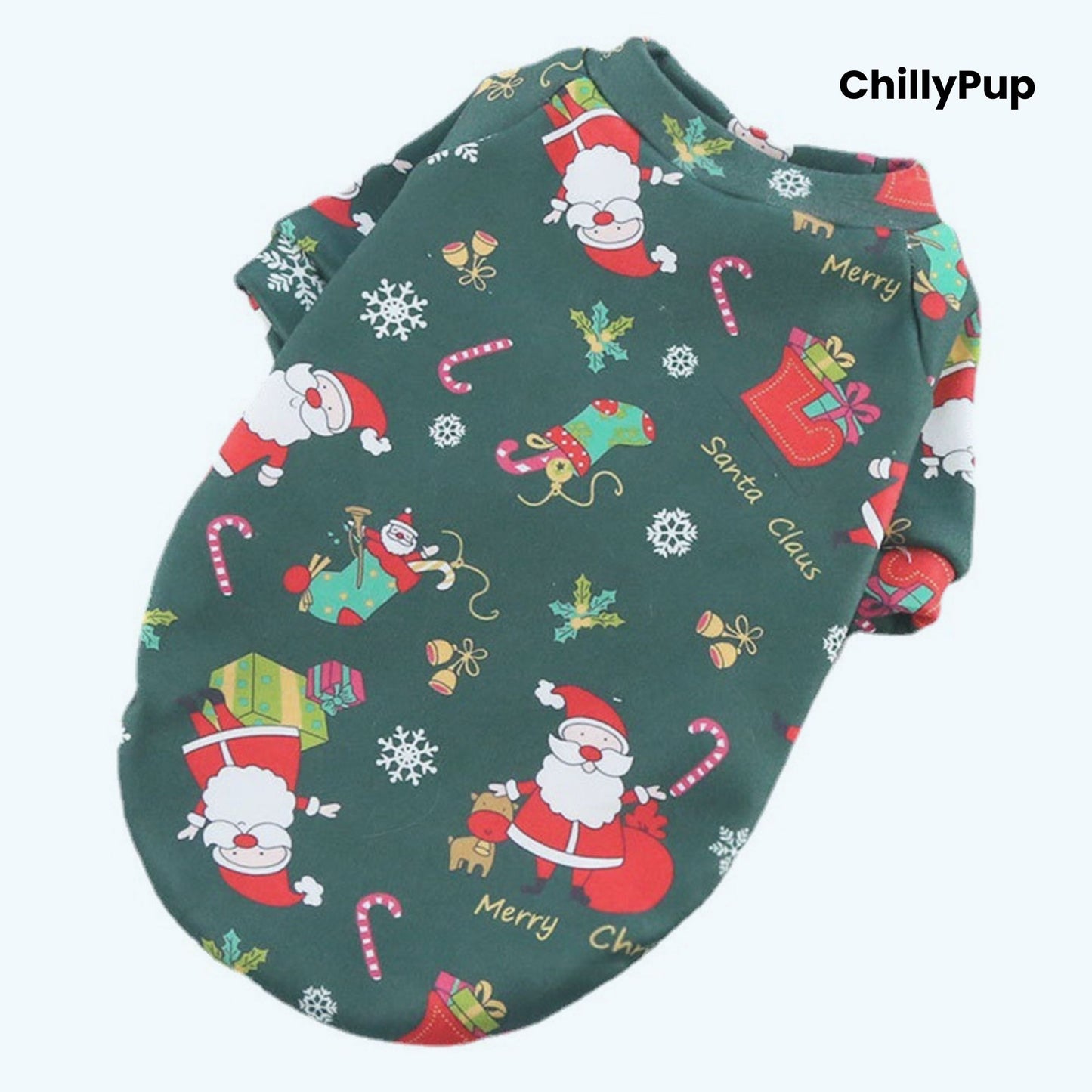 Festive Dog Jumper – Santa Print in green with CHillypup branding 