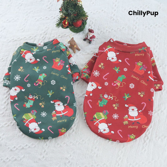 Festive Dog Jumper – Santa Print in Red and green with CHillypup branding 