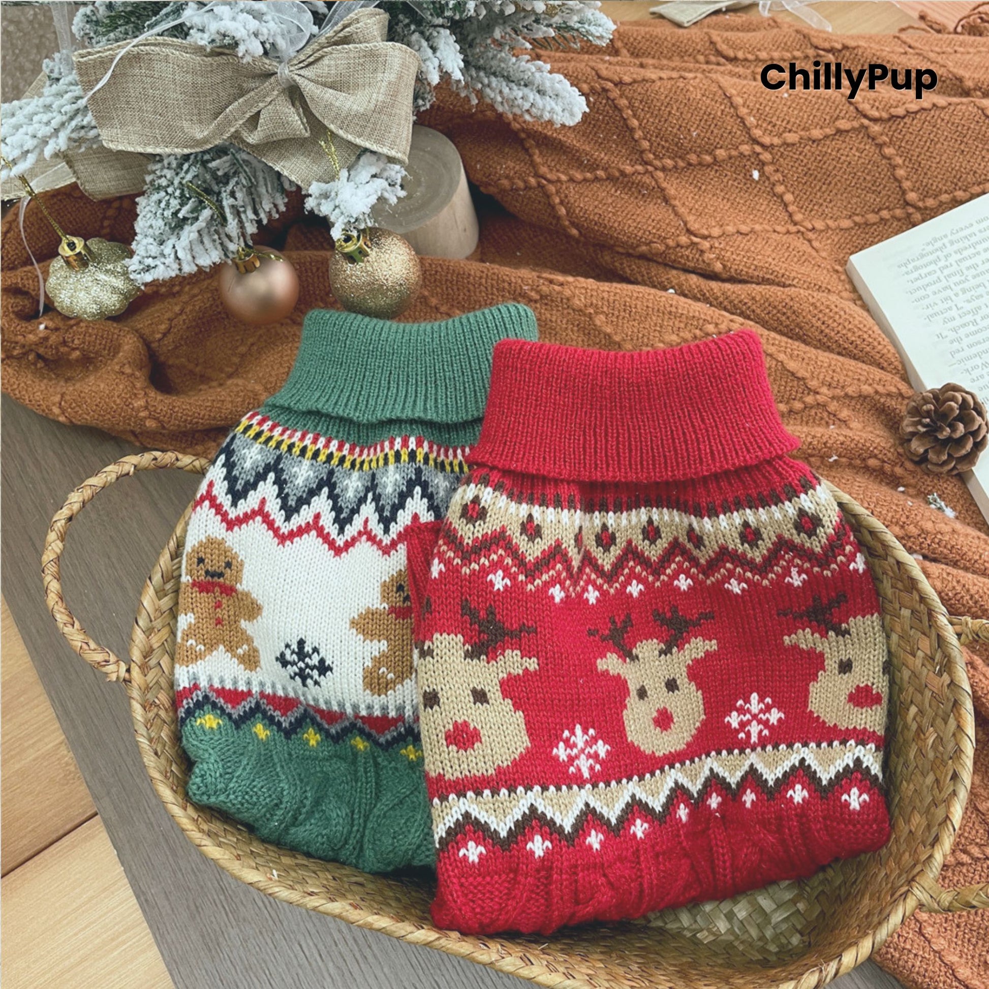 Two dog sweaters with Christmas patterns in a basket, branded 'ChillyPup'.