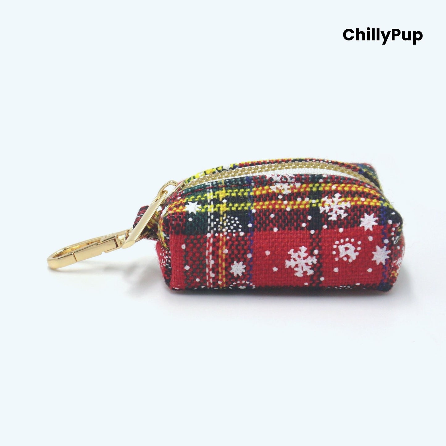 Dog collar, Lead, and pouch set with red plaid pattern on a white background, branded 'ChillyPup'.