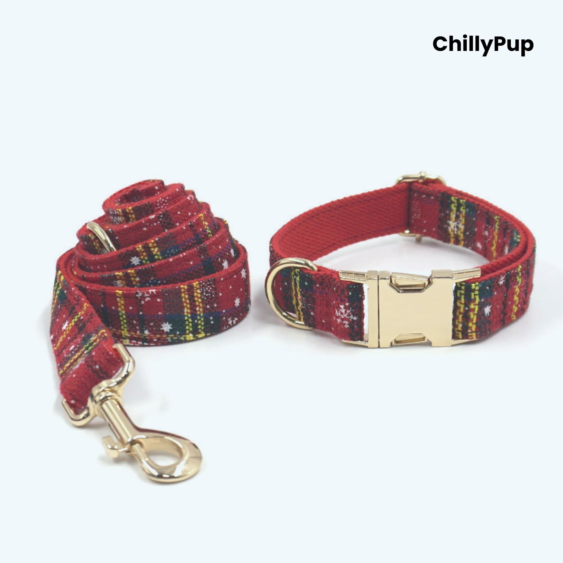 Festive dog harness and Lead set with 'ChillyPup' branding on a white background