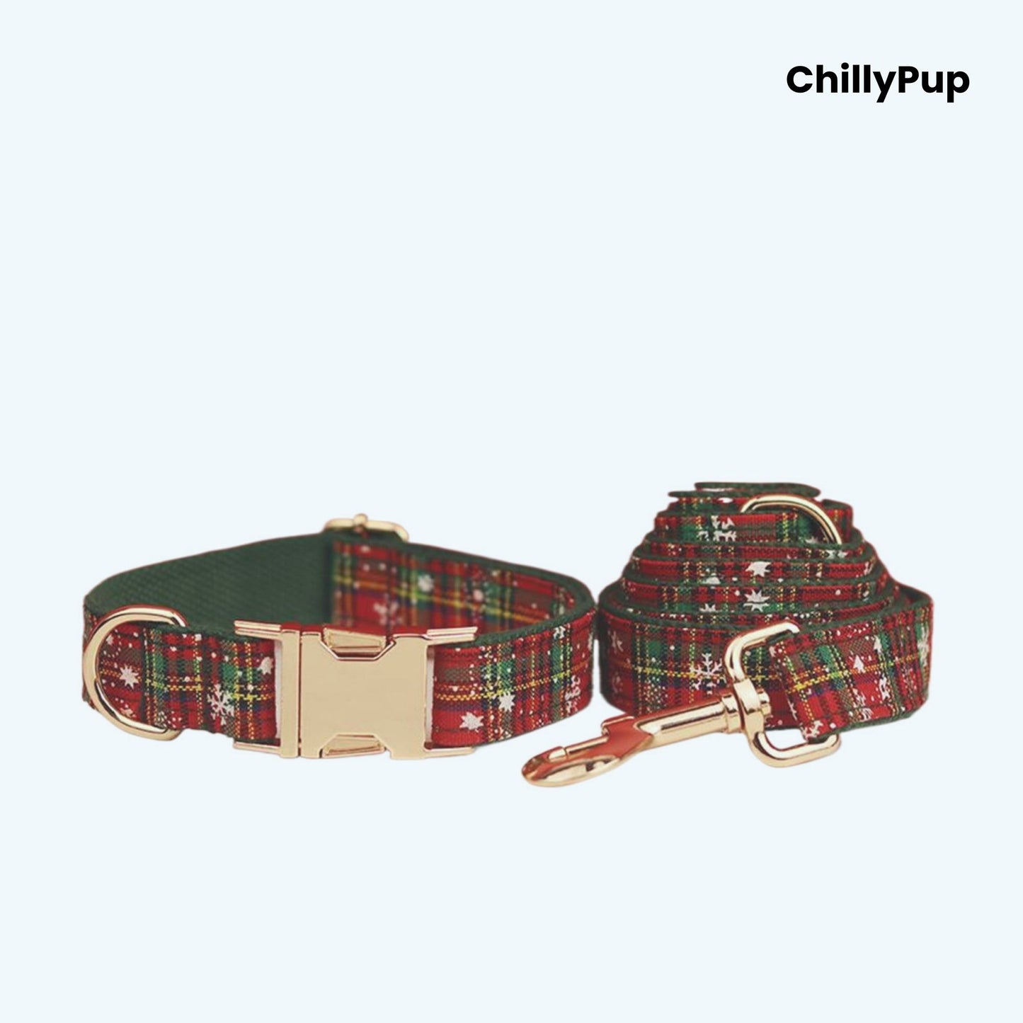 Festive Green harness and lead set with 'ChillyPup' branding on a white background