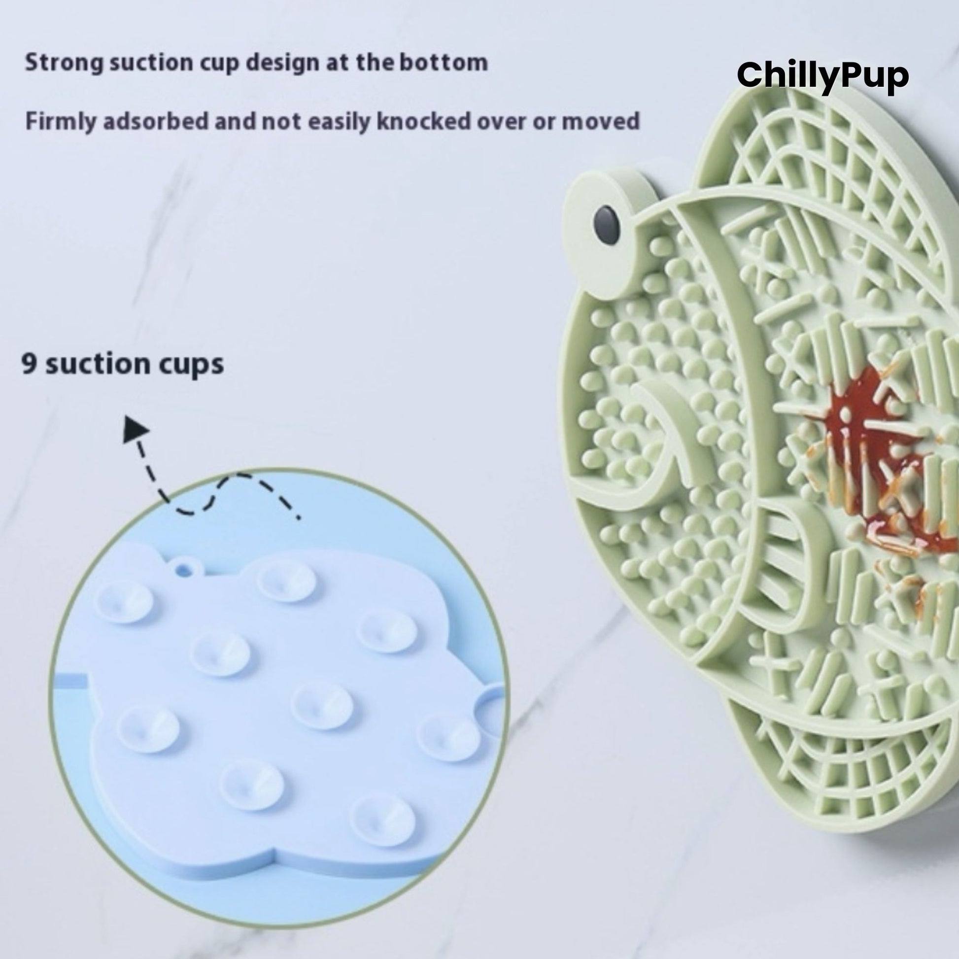 Light fish-shaped dog lick pad showing the 9 suction cups on the back, branded 'ChillyPup'.