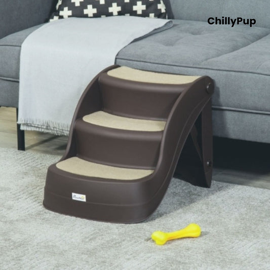 Pet steps with 'ChillyPup' branding in front of a grey sofa.