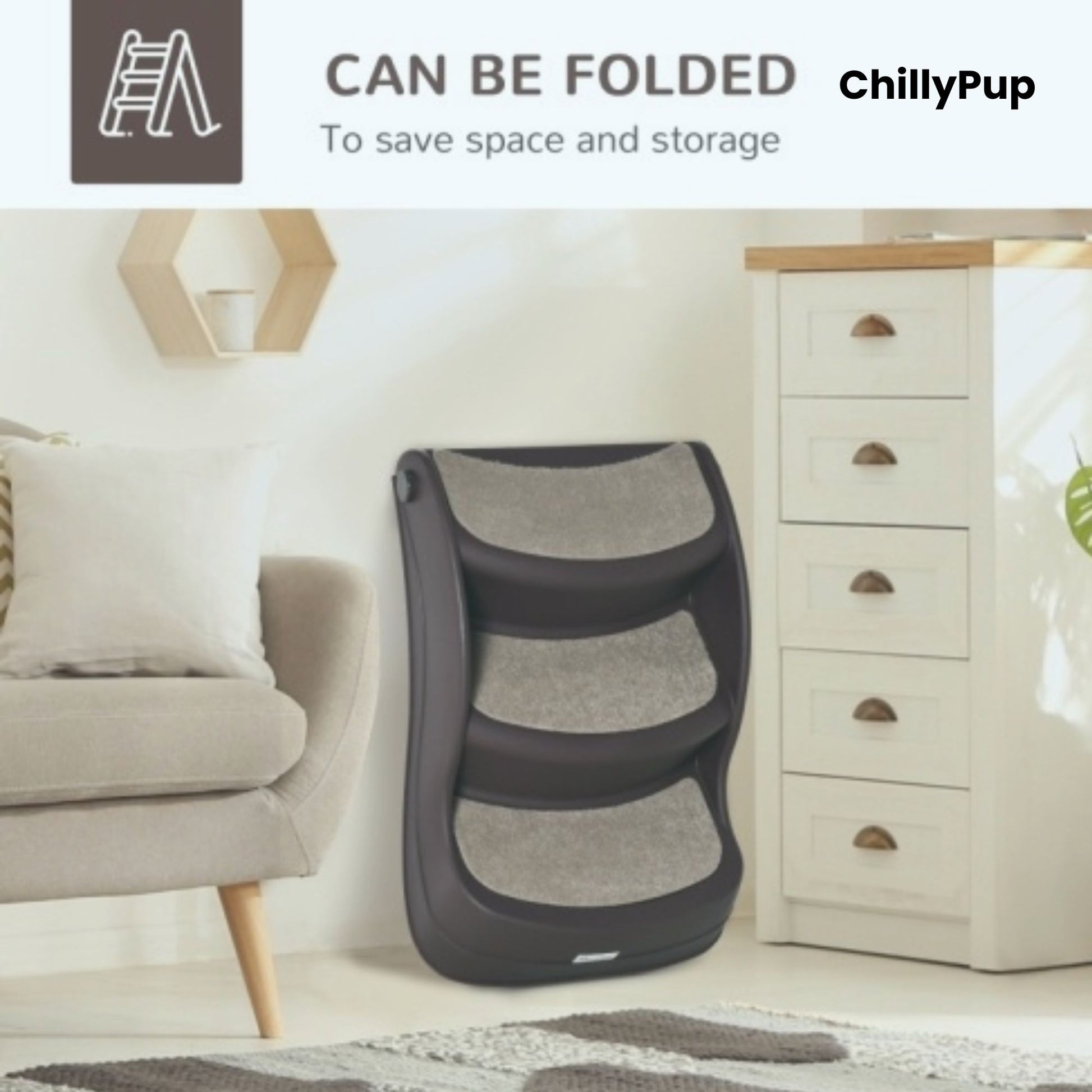 Foldable pet ramp with 'ChillyPup' branding in a living room setting