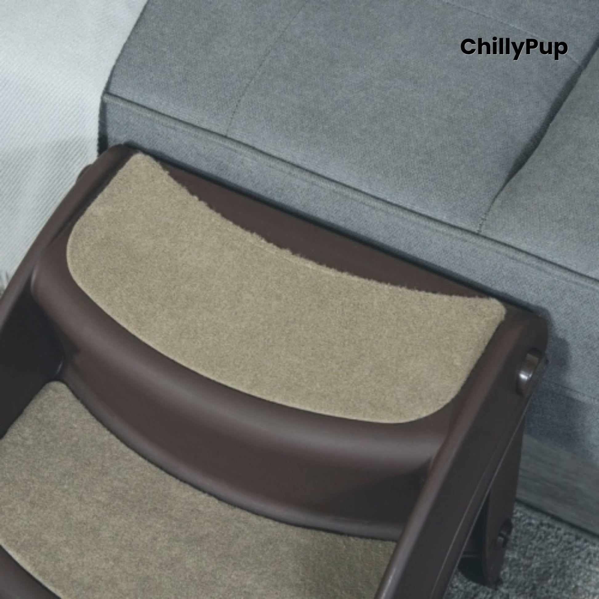 Pet step with brown and beige design on a car seat, branded 'ChillyPup'.
