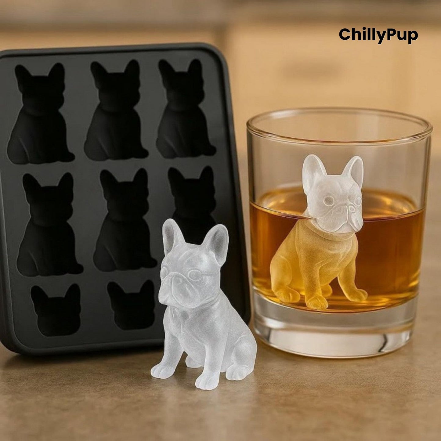 Silicone mould with dog-shaped ice cubes and a glass of liquid, branded 'ChillyPup'.