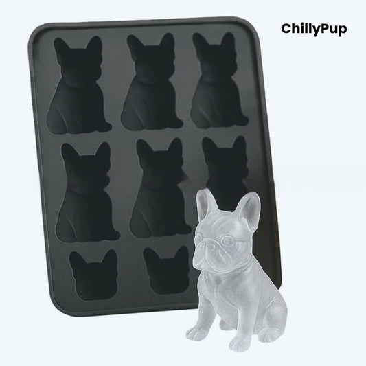 Silicone mould with dog-shaped ice cubes and a glass of liquid, branded 'ChillyPup'.