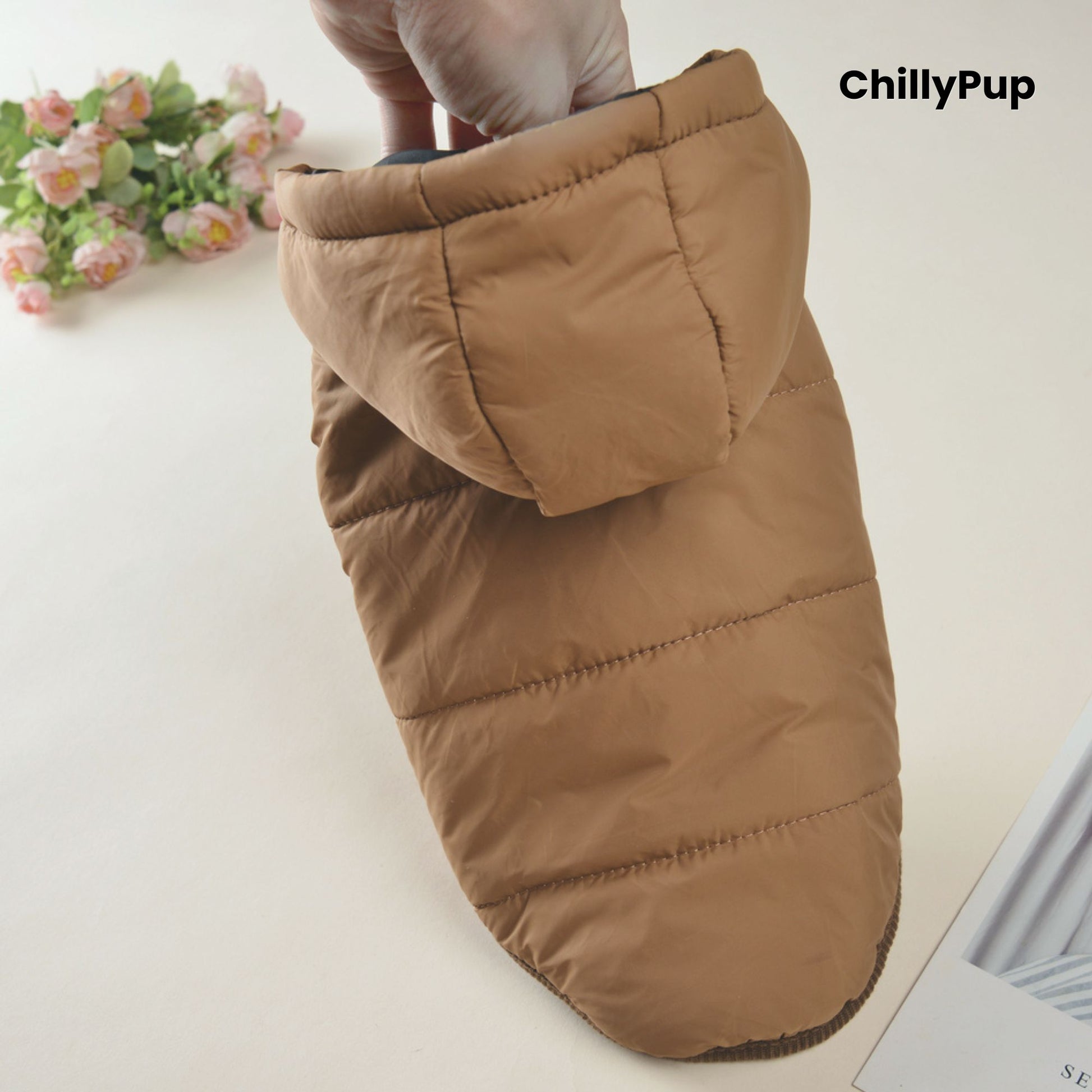 Brown quilted dog coat on a white background, branded 'ChillyPup'.