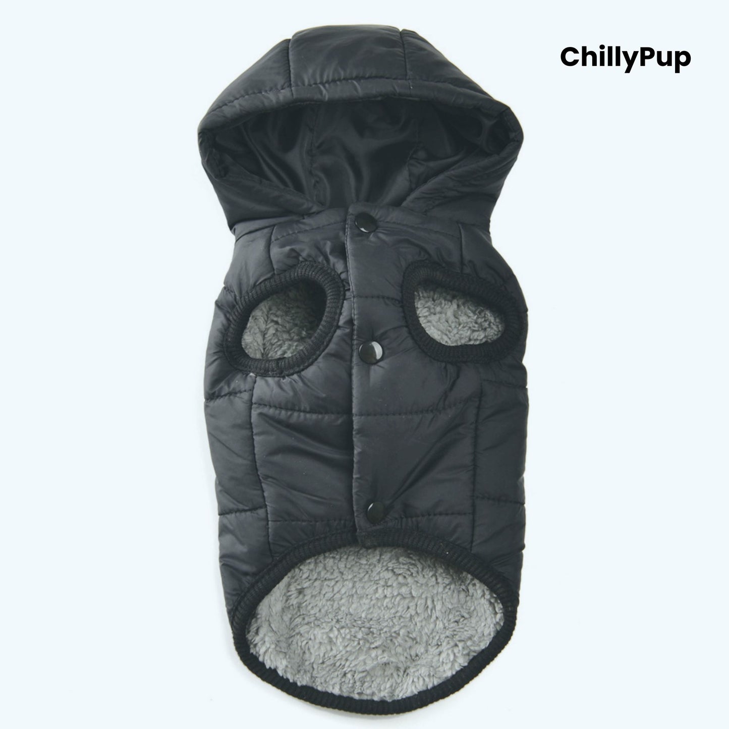 Black quilted dog coat with grey lining on a white background, branded 'ChillyPup'.