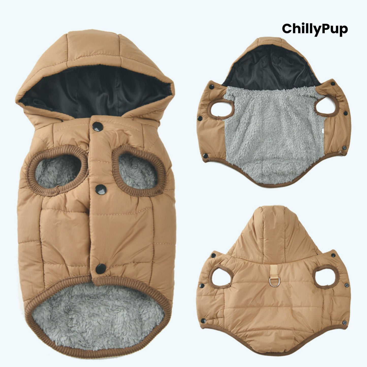 Brown quilted dog coat with grey lining on a white background, branded 'ChillyPup'.