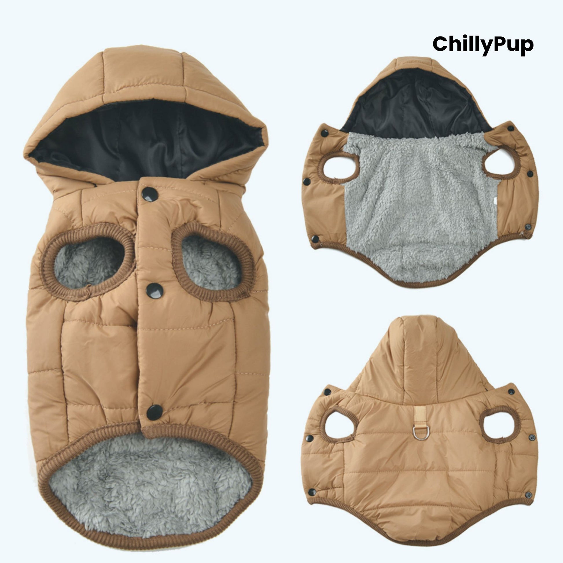 Brown quilted dog coat with grey lining on a white background, branded 'ChillyPup'.