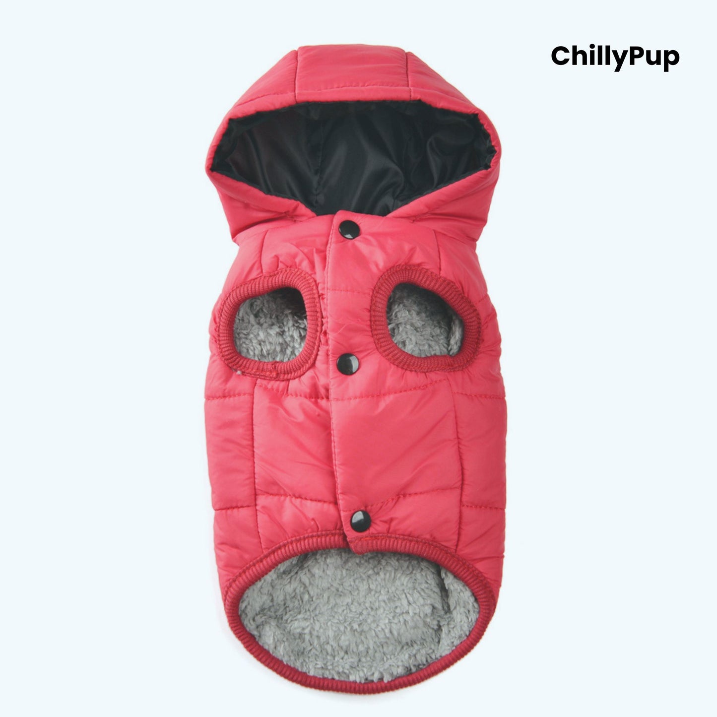 Pink quilted dog coat with grey lining on a white background, branded 'ChillyPup'.