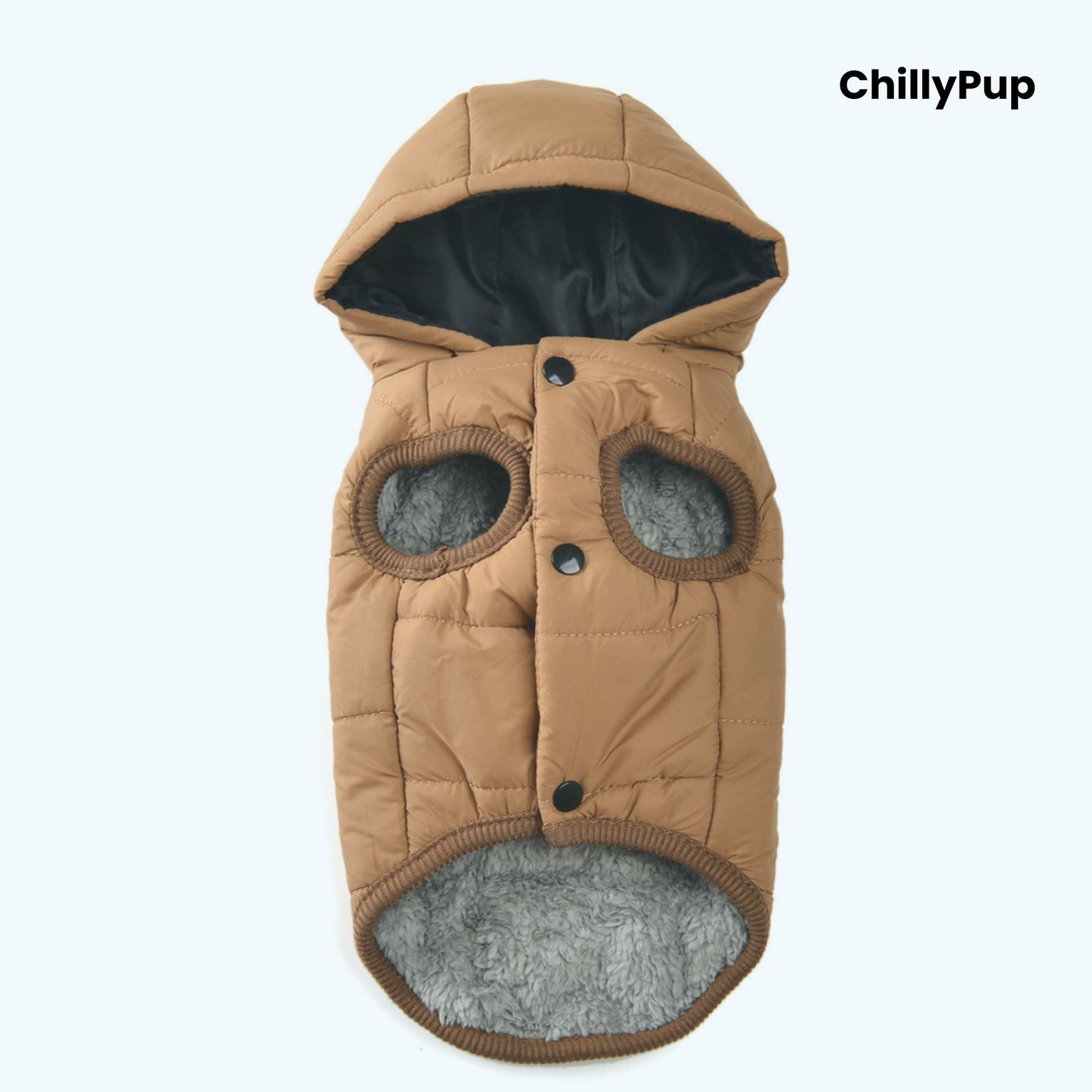 Brown quilted dog coat with grey lining on a white background, branded 'ChillyPup'.
